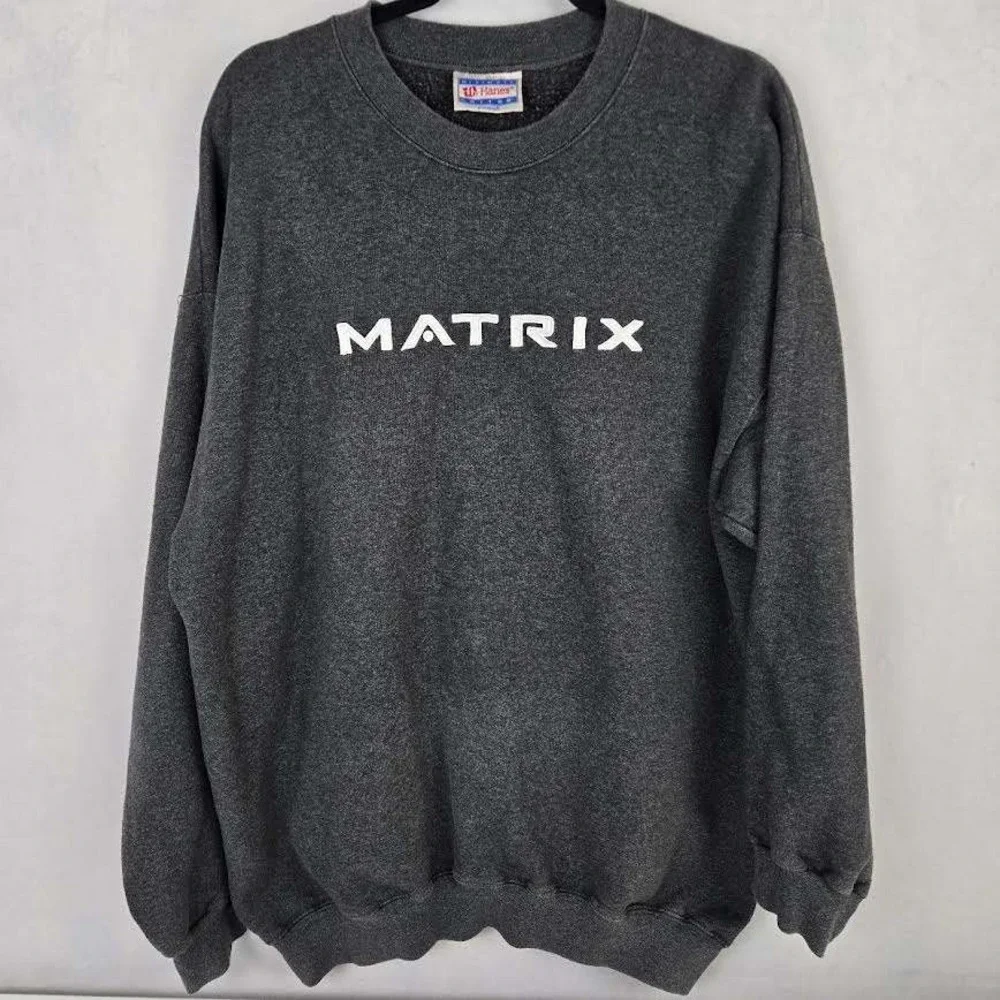 Matrix Movie Sweatshirt Vintage 90s Hanes Graphic Pullover L Oversized Dark Grey